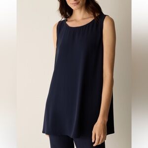 Eileen Fisher Navy Blue Silk Georgette Crepe Ballet Neck Long Tank Size Medium